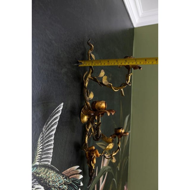 Hollywood Regency Gilt Tole Metal Triple-Arm Floral Wall Candle Sconce, 1970s For Sale - Image 11 of 18