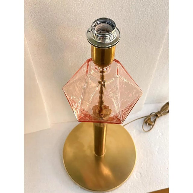 Contemporary Italian Pink Murano Style Glass Table Lamps with Unlaquered Brass by Simoeng, Set of 2 For Sale - Image 3 of 8