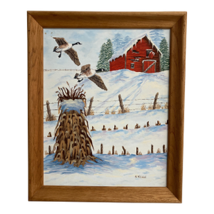 Original Winter Farm Landscape Painting by S. Nelson – Farmhouse Barn & Flying Geese