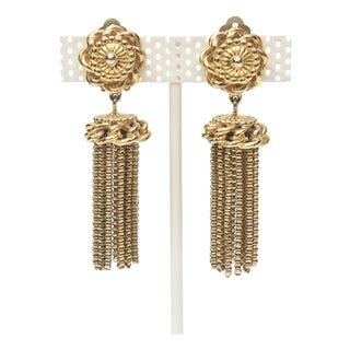 Vintage Signed Schiaparelli Gold Plated Tassel Dangle Clip on Earrings, Pair Of For Sale