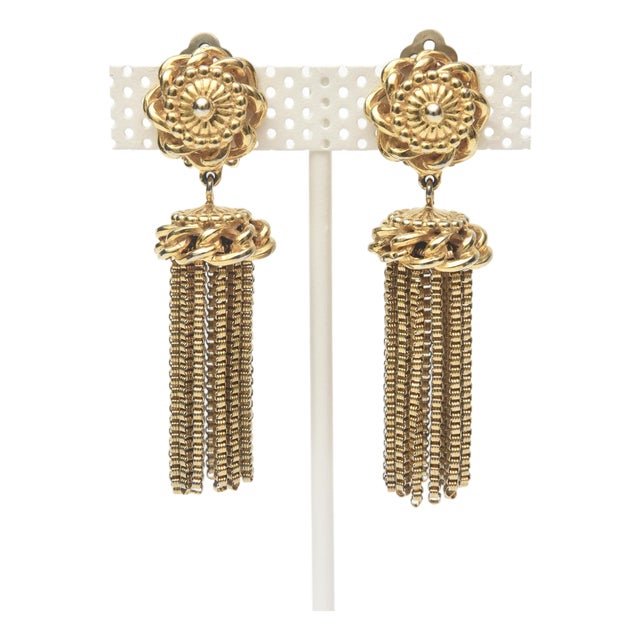 Vintage Signed Schiaparelli Gold Plated Tassel Dangle Clip on Earrings, Pair Of For Sale