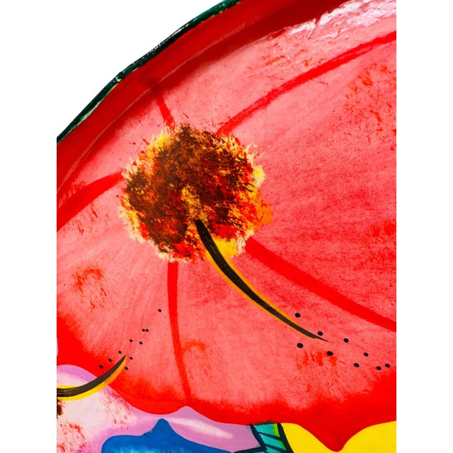 Blue Vintage Colorful Hand-Painted Hibiscus Wood Tray For Sale - Image 8 of 9
