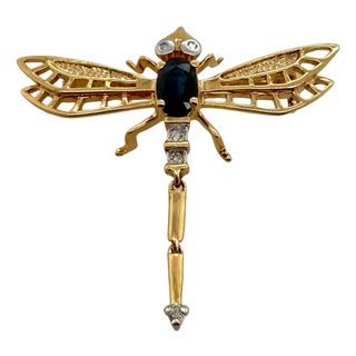 Vintage Articulated 14k Gold Dragonfly Brooch With Sapphire & Diamonds For Sale