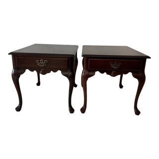 Late 20th Century Queen Anne Style Cherry Wood End Tables - a Pair For Sale