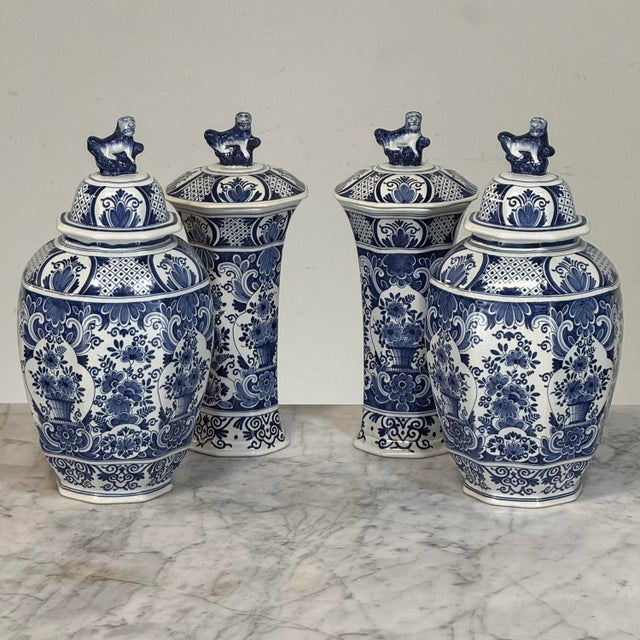 Beaux-Arts 19th Century Boch Hand-Painted Blue & White Delft Garniture Set For Sale - Image 3 of 18