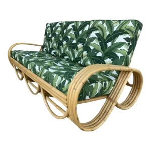 Restored Mid-Century 4-Strand Rattan 3/4 Reverse Pretzel Sofa W/ Arched Base