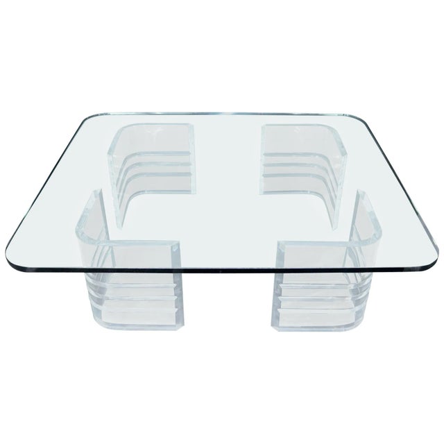 Large Wide Rectangle Rounded Corners Thick Glass Coffee Table For Sale - Image 10 of 10