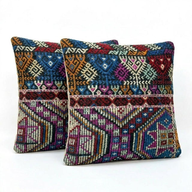 Mid-Century Modern Hand Woven Kilim Pillow Cover 19'' X 20'' - Set of Two For Sale - Image 3 of 4