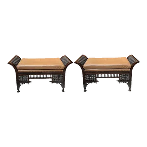 Pair of Antique Syrian Carved Hardwood & Inlaid Upholstered Benches