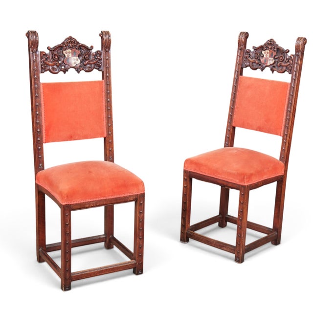 Late 19th Century Carved Walnut Baroque High-Back Chairs With Painted Heraldic Crests — A Pair For Sale In Los Angeles - Image 6 of 7
