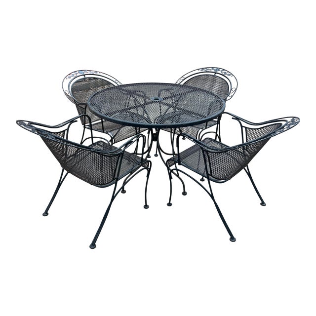 Vintage Wrought Iron Woodard Table and 4 Barrel Chairs, Attributed For Sale