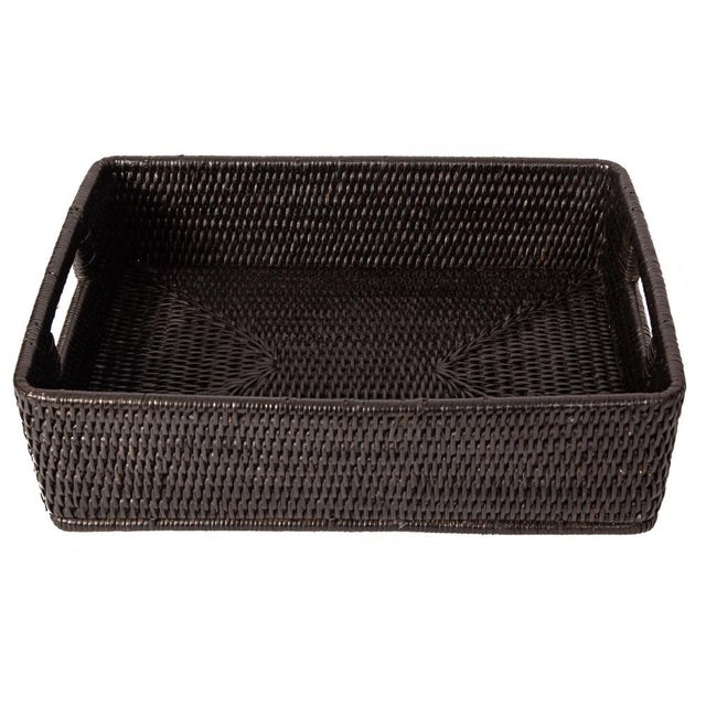 Boho Chic Artifacts Rattan Rectangular Storage Basket with Rounded Corners in Tudor Black - 14" For Sale - Image 3 of 10