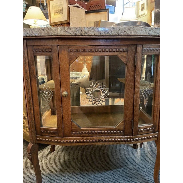 French 1900s Antique Oak Glass and Stone French Style Vitrine Cabinet With Velvet Interior For Sale - Image 3 of 13