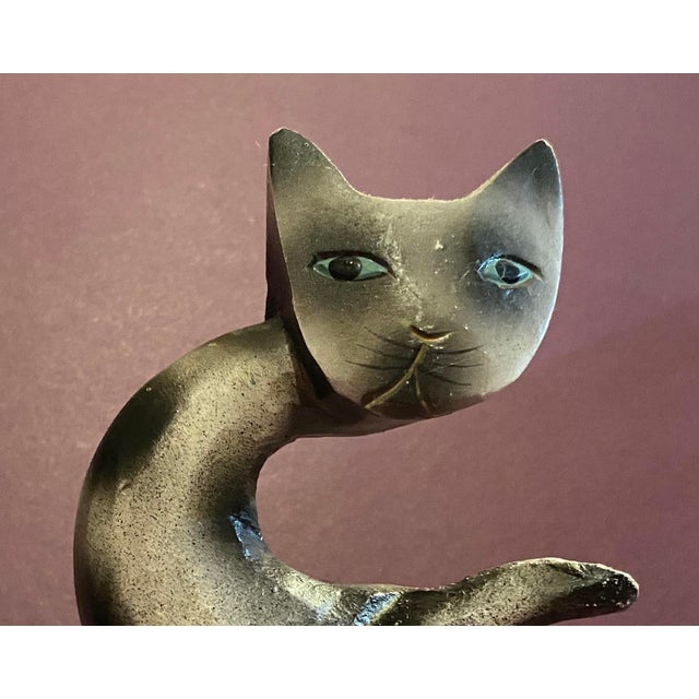 Wood Vintage Abstract MCM Sculpture Wood Carved, Blue-Eyed Cat Gray W/ Black Spots Wood For Sale - Image 7 of 7
