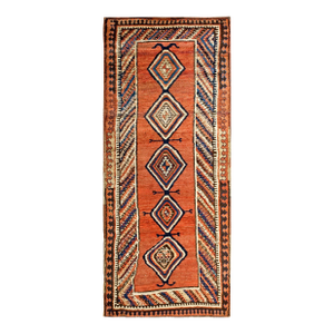 1890s Orange Salmon Medallion Antique Persian Kurdish Rug 3'9" X 8'10" Handknotted Wool Carpet