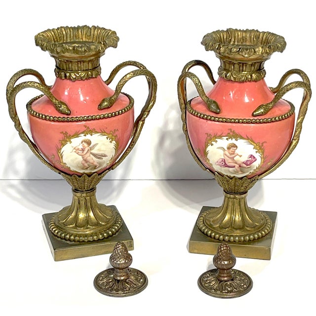 Pair French Louis XVI Style Sèvres Rose Pompadour Ormolu-Mounted Cabinet Vases For Sale - Image 4 of 17