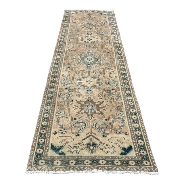 1950s Vintage Persian Runner, Soft Neutral Field With Geometric Medallions For Sale