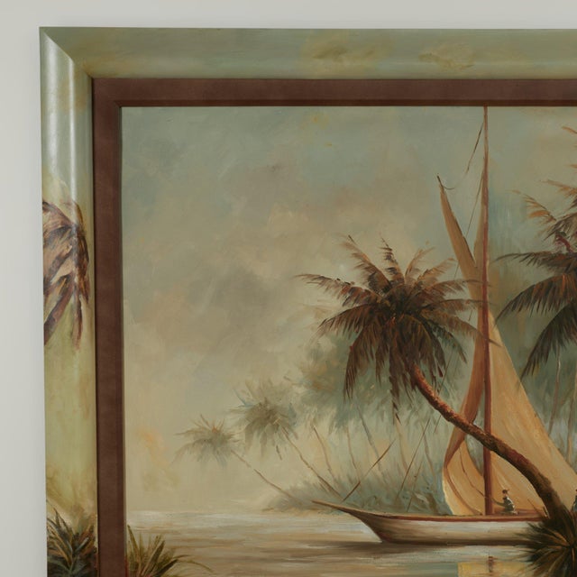 Lofty vintage oil painting on canvas of a sailboat in a bay scape with palm trees as a storm approaches, executed in a...