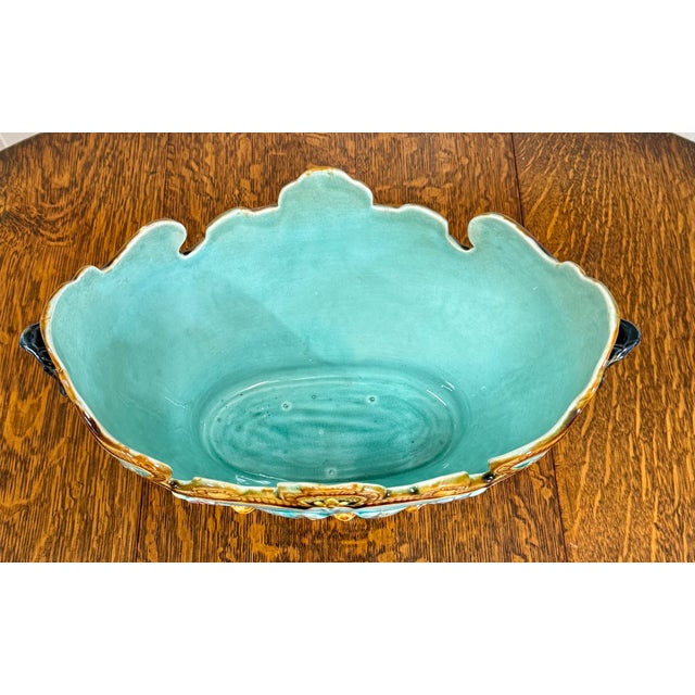 Ceramic Antique French Onnaing Majolica Cache Pot Planter Bowl Jardiniere Love Birds For Sale - Image 7 of 18