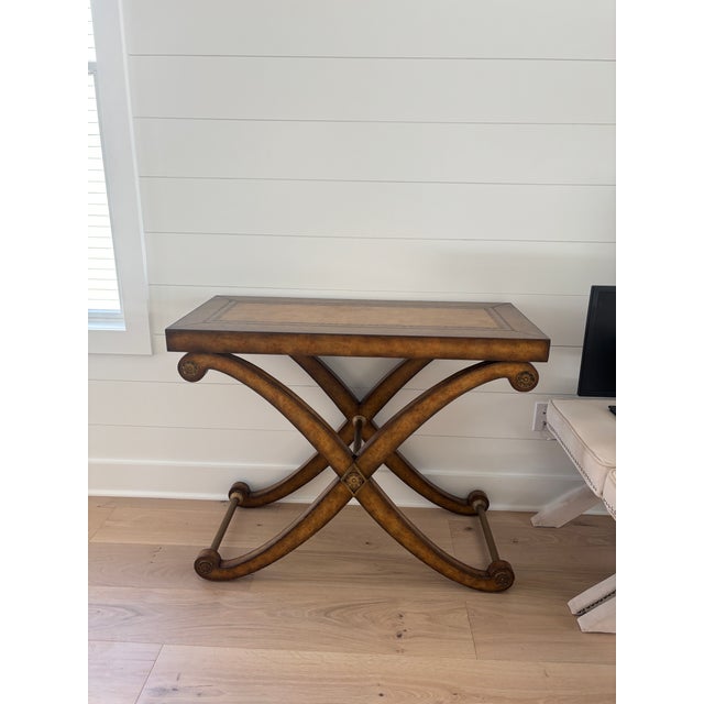 Neoclassical Kreiss Neoclassical Leather-Top Console Table With X-Base & Brass Stretchers For Sale - Image 3 of 7