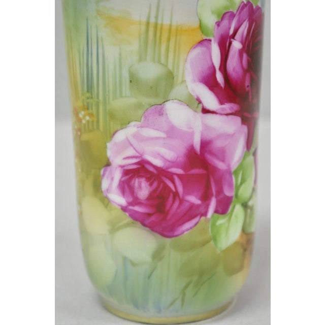Antique Nippon Hand Painted Pink Rose & Lake Scene Small Porcelain Cylinder Vase For Sale In Philadelphia - Image 6 of 14