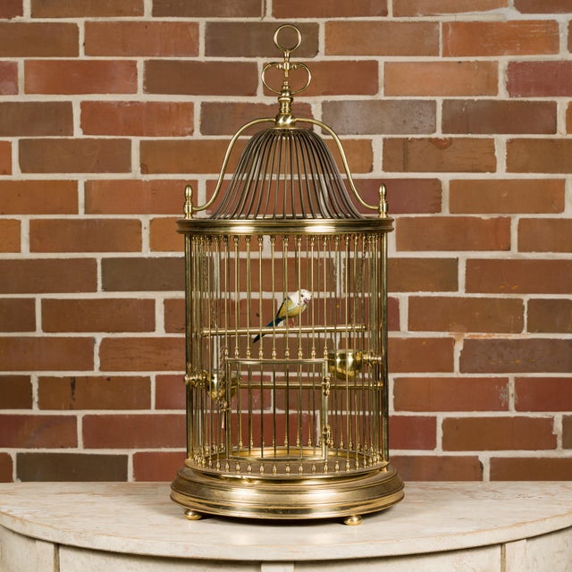 French Midcentury Brass Circular Birdcage with Decorative Bird For Sale - Image 4 of 11
