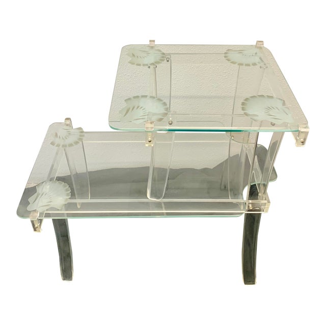 Vintage Hollywood Regency Lucite & Glass Side Table With Frosted Shell Detail For Sale