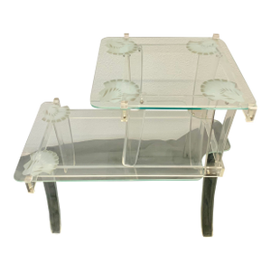 Vintage Hollywood Regency Lucite & Glass Side Table With Frosted Shell Detail
