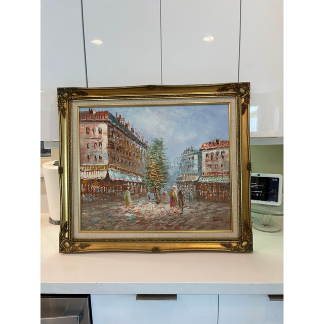 Signed Burnet Paris Street Scene Oil Painting In Ornate Gilt Frame Description: atmospheric paris street scene oil...