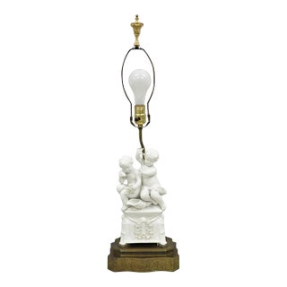 Antique French Parian Bisque Porcelain White Double Cherub & Shell Table Lamp For Sale