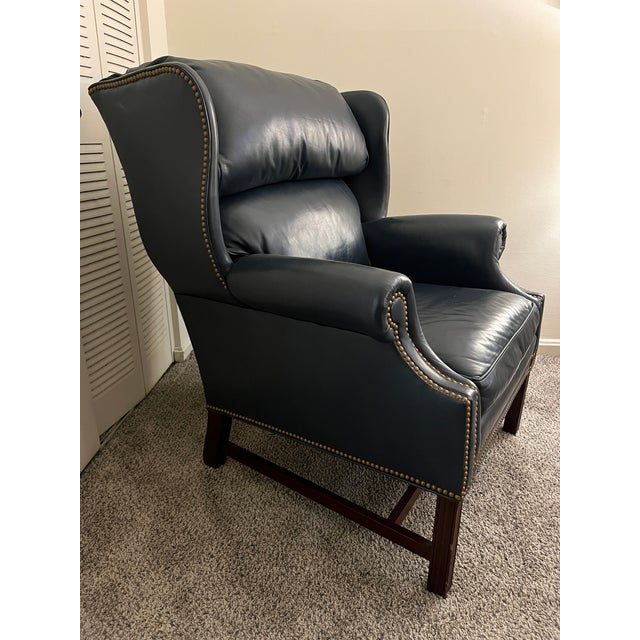 Chippendale Hancock & Moore Blue Royal Leather Wingback Chair With Ottoman For Sale - Image 3 of 9