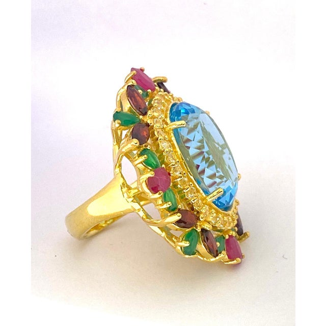 Bochic "Orient" Vintage Natural Ruby, Garnet, Emerlad & Topaz Ring Set In 18 K Gold & Silver Natural Center Blue Topaz...