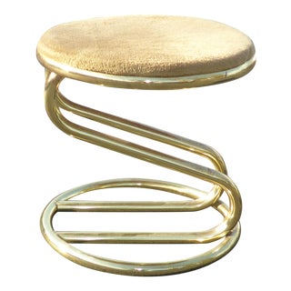 Vintage Mid-Century Modern Retro Gold Metal & Beige Velvet Stool For Sale