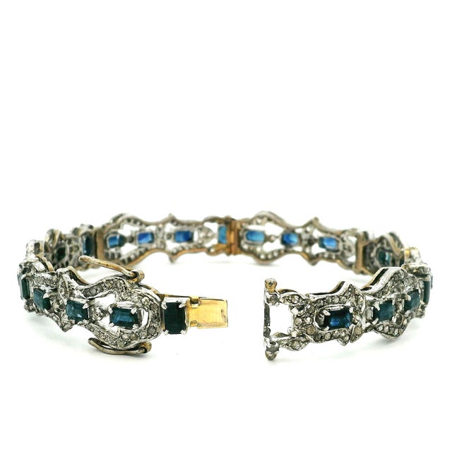 Vintage Indian Sapphire and Diamond Bracelet Set, Silver and 14k Gold, Circa 1950, 2 Pieces For Sale - Image 4 of 9