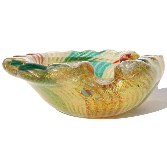 Murano Vintage Murano Mosaic Green White Orange Stripes Gold Flecks Italian Art Glass Seashell Dish Bowl For Sale - Image 4 of 6