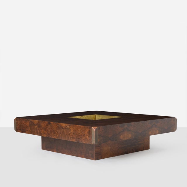 Mid-Century Modern Square Alveo Coffee Table in Walnut Burlwood and Brass by Willy Rizzo for Sabot Design For Sale - Image 3 of 8