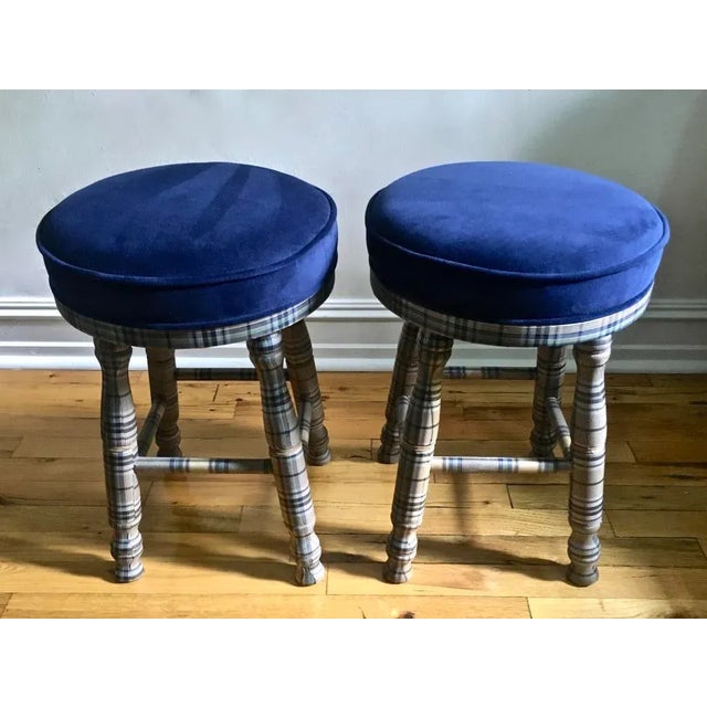 1960s Plaid Custom Upholstered Low Wooden Stools- a Pair For Sale - Image 5 of 13