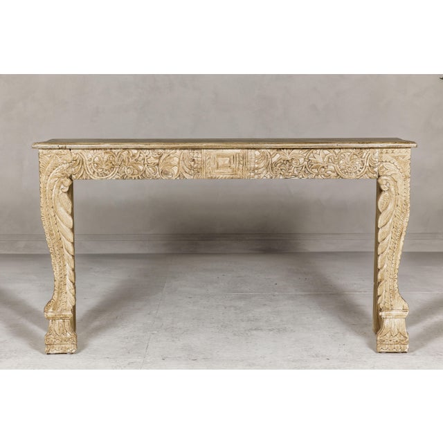 Wood Mughal Style Painted Console Table with Foliage Carved Apron and Legs For Sale - Image 7 of 12