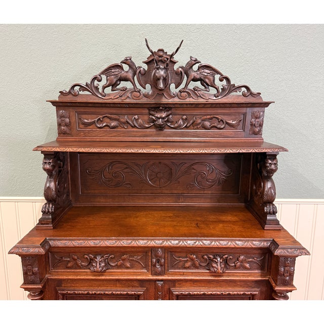 Antique French Renaissance Revival Hunt Buffet Server Sideboard Dark Oak 19c For Sale - Image 13 of 17