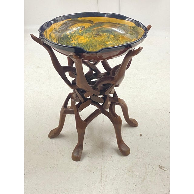 Large Ceramic Vide Poche on Tripod Base in Wood with Sculpted Birds, France, 1960s For Sale - Image 13 of 14