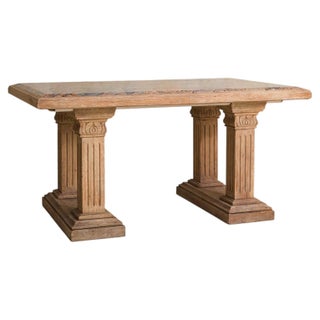 French Neoclassical Revival Oak + Pink Granite Top Desk, 1940s For Sale