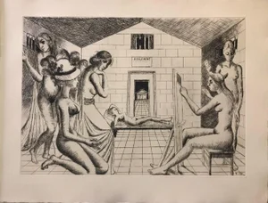 Paul Delvaux, Construction d'un Temple en Ruine, Plate No.3, Etching, 1973