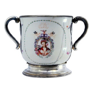 Porcelain Mug with Japanese Motifs, Silver Base, Handles and Rim For Sale