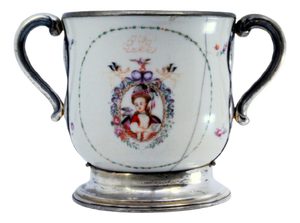 Porcelain Mug with Japanese Motifs, Silver Base, Handles and Rim