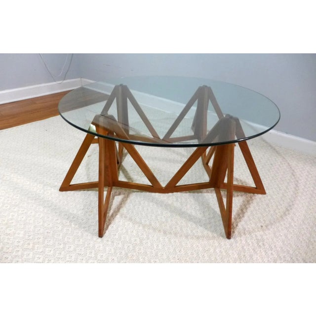 1960s Danish Geometric Coffee Table Quad Walnut Base With Round Glass Top For Sale - Image 4 of 12