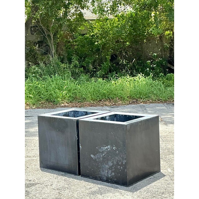 Gray Vintage Boho Patinated Tin Planters - A Pair For Sale - Image 8 of 9