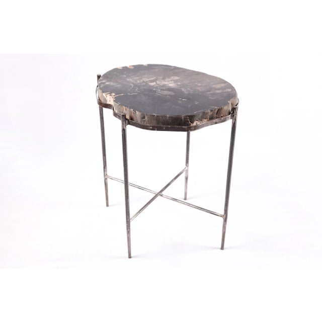 Contemporary Living Edge Petrified Wood Top W Iron Stand Accent Table or Side Table 48 For Sale - Image 3 of 5