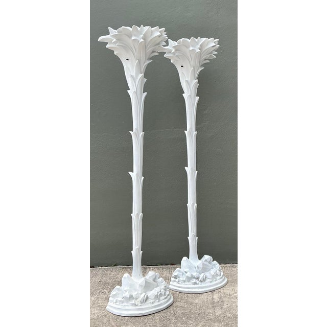 Vintage Regency Cast Plaster Palm Torchere Lamps After Serge Roche - a Pair For Sale - Image 11 of 12