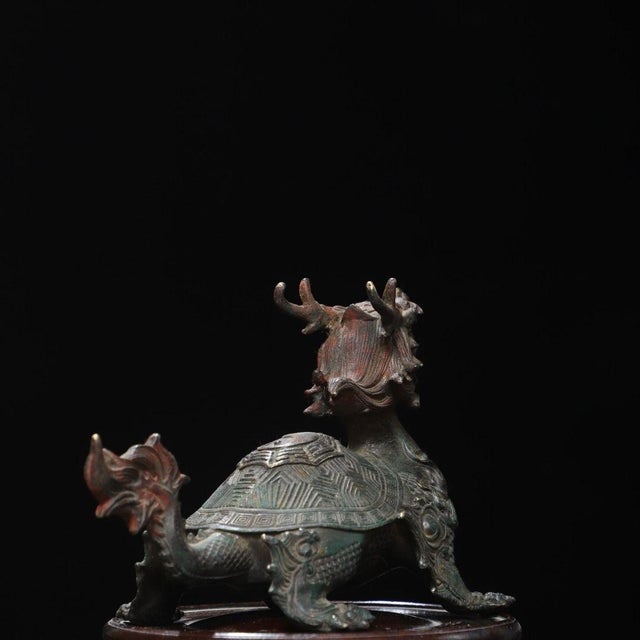 Late 19th Century Gilt Bronze Dragon Turtle Statue on Wooden Stand, 1.5kg For Sale - Image 9 of 9