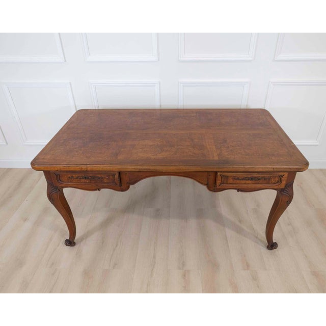 French Louis XV Style Flat Center Desk in Walnut and Elm For Sale - Image 3 of 9